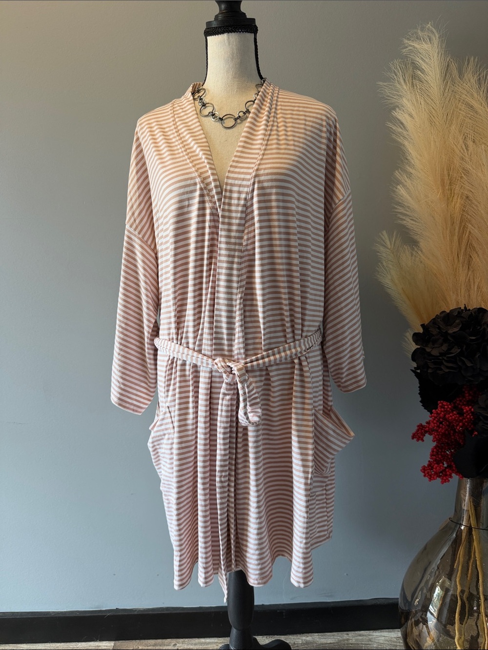 Striped Pink Cream Women’s Belted Wrap Dress